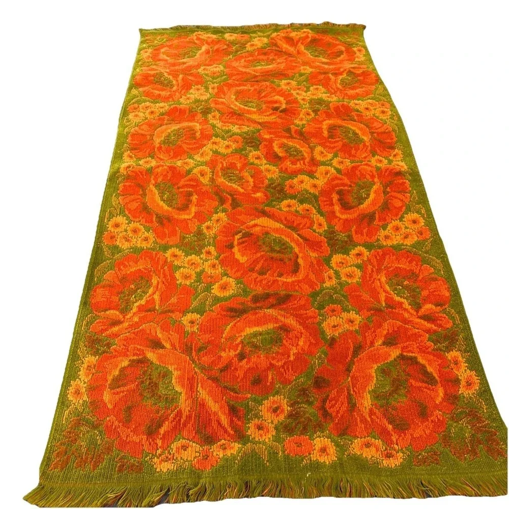 VTG Fieldcrest Orange Green Poppies 3 Towel Set Bath, Hand Towel and Washcloth